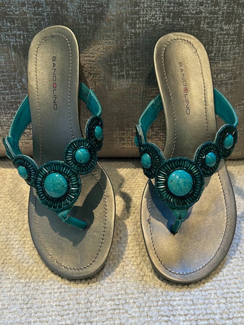Bandolino Turquoise Embellished Thong Wedge Sandals | Size 6.5